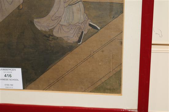 Chinese School, pair of watercolours on silk, Interior scenes, 36 x 32cm